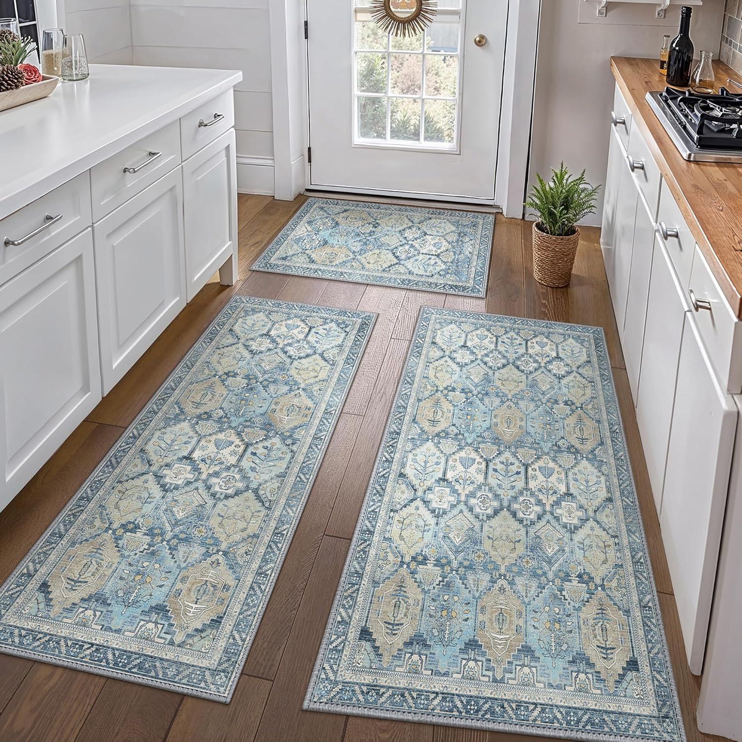 imageGENIMO Kitchen Mats for Floor Set of 3 NonSlip Washable Waterproof Lightweight Kitchen Rugs Kitchen Floor Mat Runner Rug Carpet for Laundry Sink Hallway Bathroom Entryway BrownGreenBrownblue