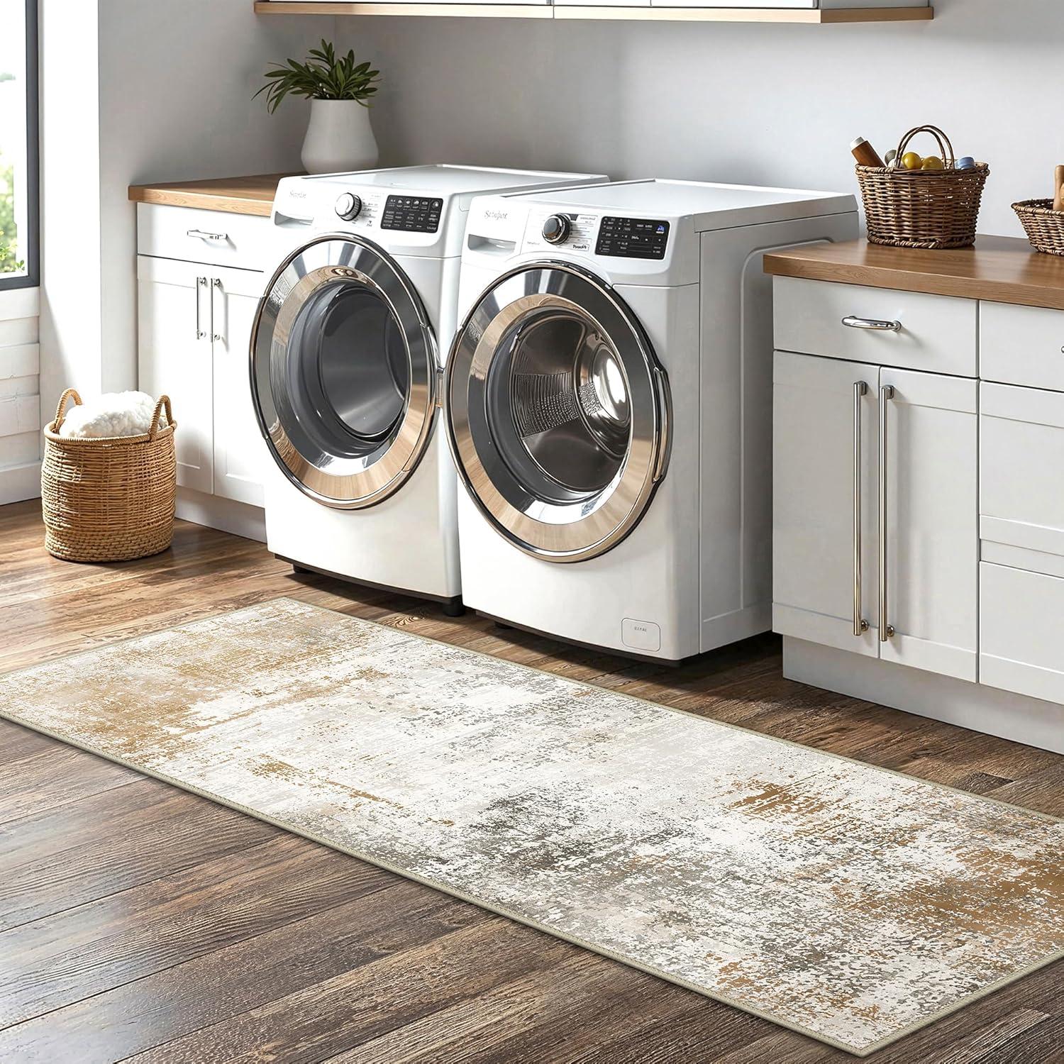 imageGENIMO Kitchen Mats for Floor Set of 3 NonSlip Washable Waterproof Lightweight Kitchen Rugs Kitchen Floor Mat Runner Rug Carpet for Laundry Sink Hallway Bathroom Entryway BrownGreenGold