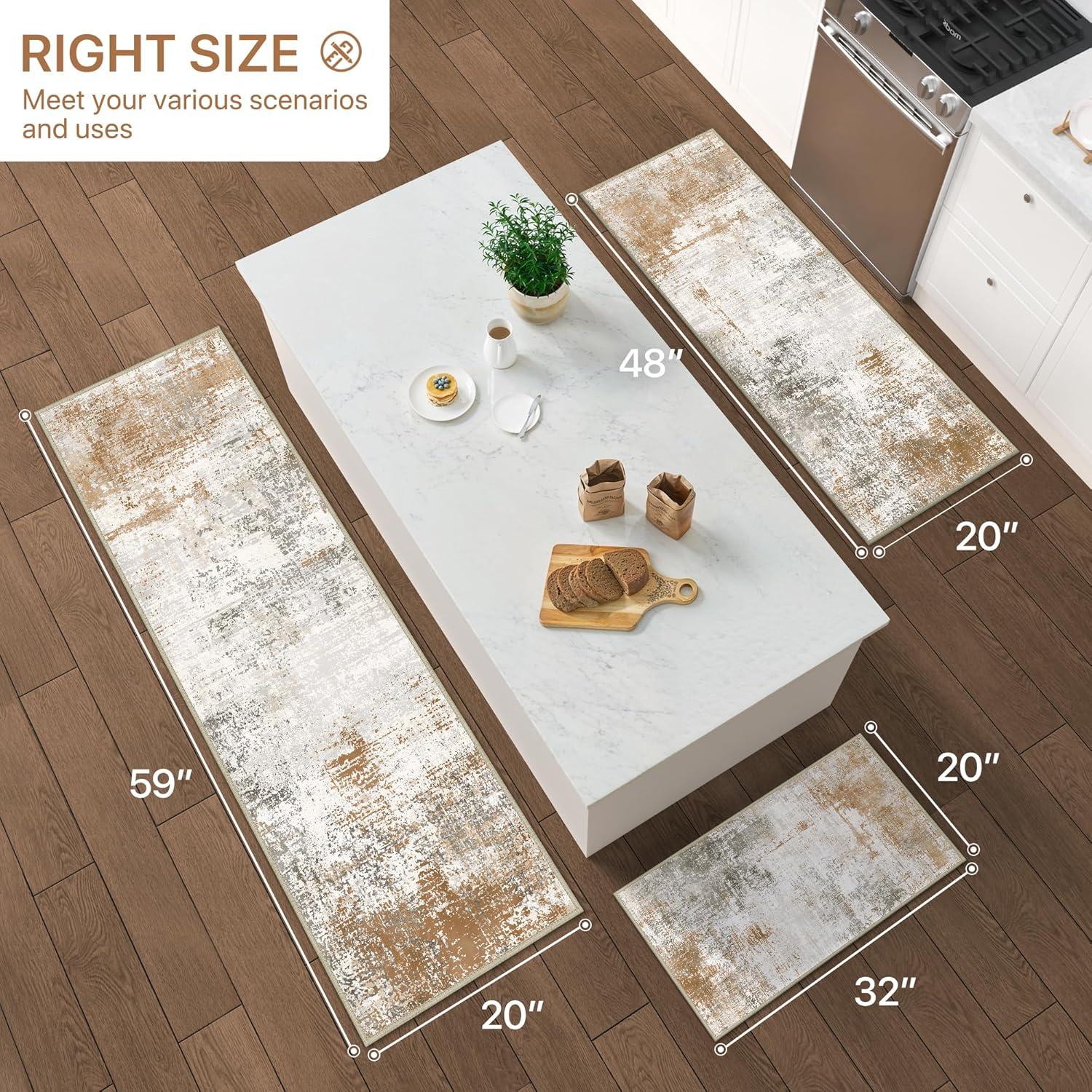 imageGENIMO Kitchen Mats for Floor Set of 3 NonSlip Washable Waterproof Lightweight Kitchen Rugs Kitchen Floor Mat Runner Rug Carpet for Laundry Sink Hallway Bathroom Entryway BrownGreenGold