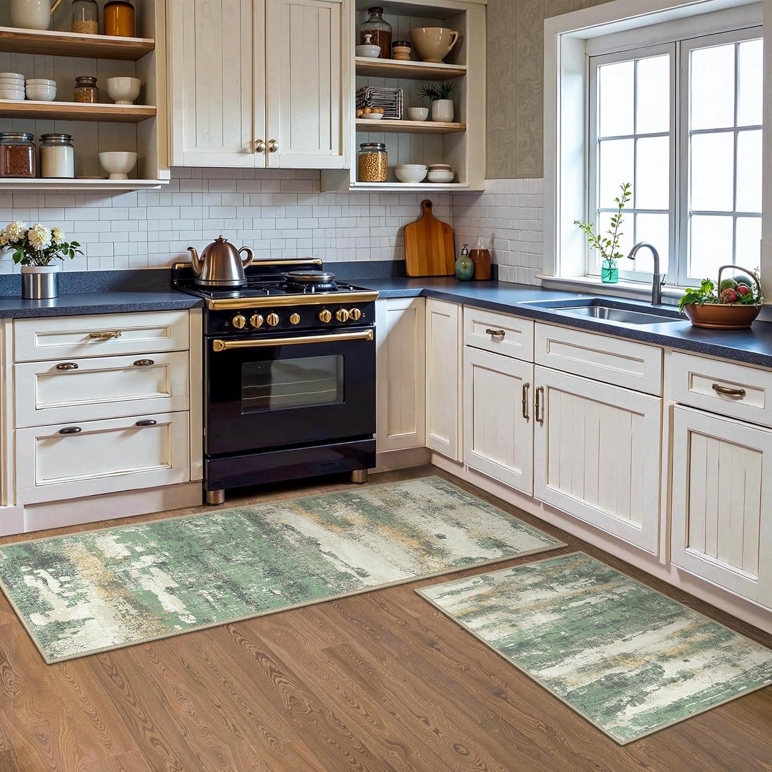 imageGENIMO Kitchen Mats for Floor Set of 3 NonSlip Washable Waterproof Lightweight Kitchen Rugs Kitchen Floor Mat Runner Rug Carpet for Laundry Sink Hallway Bathroom Entryway BrownGreenGreen