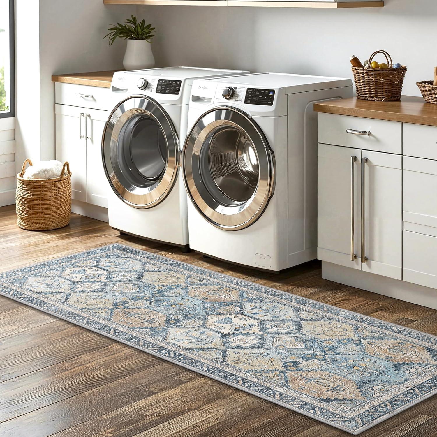 imageGENIMO Kitchen Mats for Floor Set of 3 NonSlip Washable Waterproof Lightweight Kitchen Rugs Kitchen Floor Mat Runner Rug Carpet for Laundry Sink Hallway Bathroom Entryway BrownGreenBrownblue