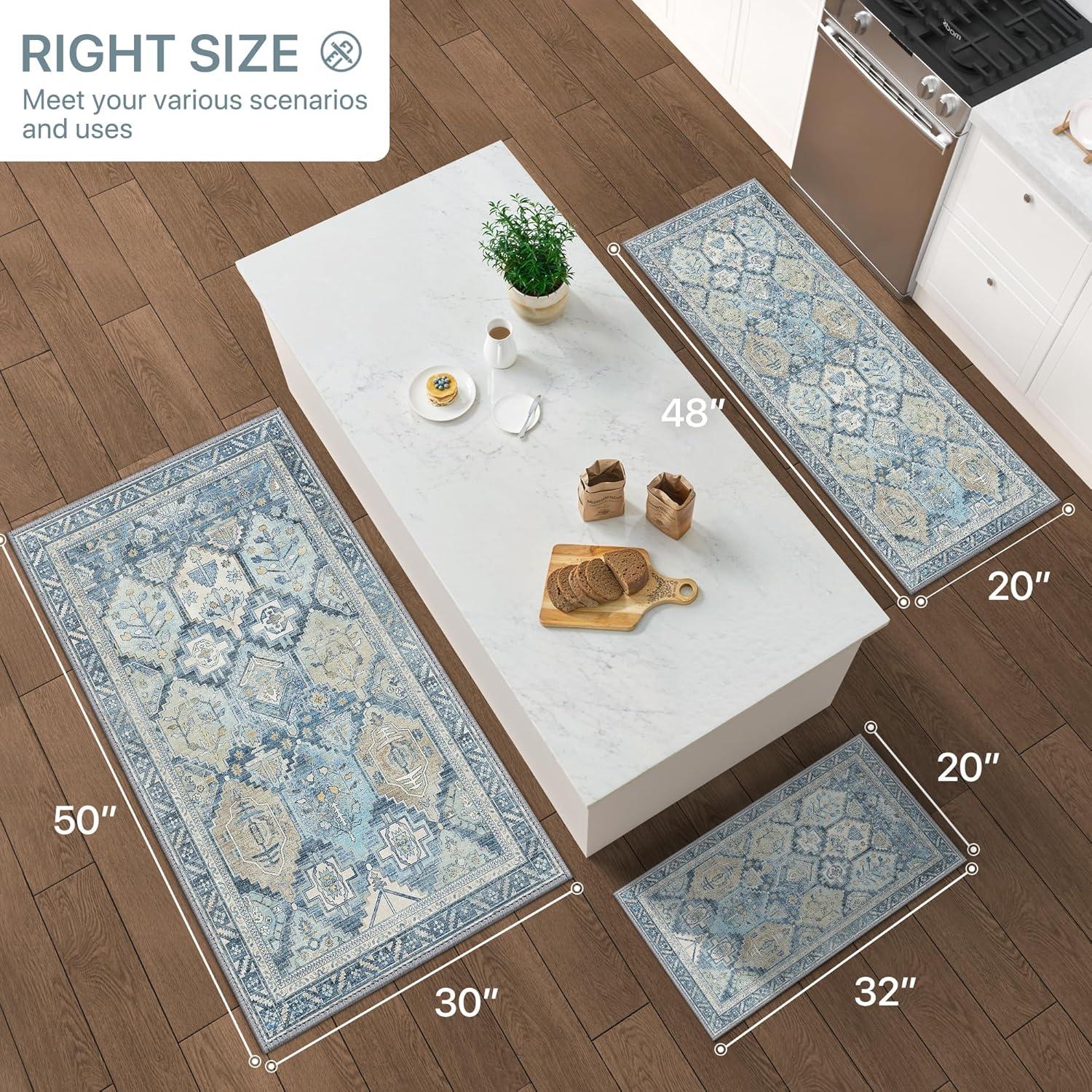 imageGENIMO Kitchen Mats for Floor Set of 3 NonSlip Washable Waterproof Lightweight Kitchen Rugs Kitchen Floor Mat Runner Rug Carpet for Laundry Sink Hallway Bathroom Entryway BrownGreenBrownblue