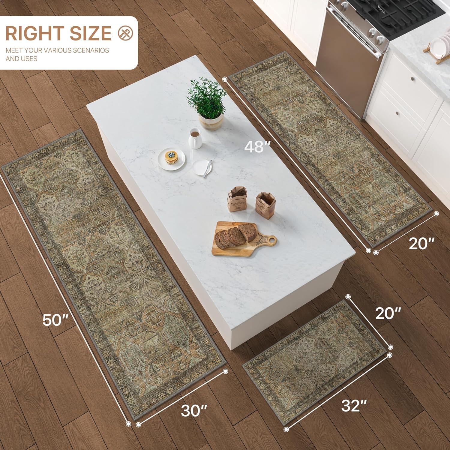 imageGENIMO Kitchen Mats for Floor Set of 3 NonSlip Washable Waterproof Lightweight Kitchen Rugs Kitchen Floor Mat Runner Rug Carpet for Laundry Sink Hallway Bathroom Entryway BrownGreenBrown Green