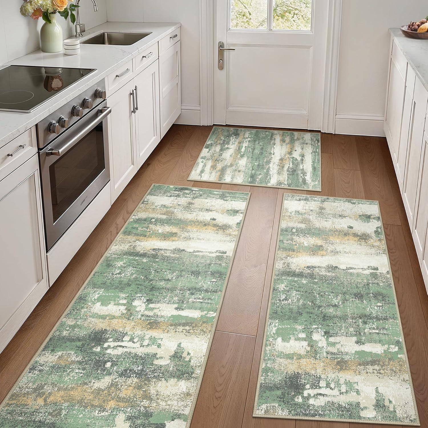 imageGENIMO Kitchen Mats for Floor Set of 3 NonSlip Washable Waterproof Lightweight Kitchen Rugs Kitchen Floor Mat Runner Rug Carpet for Laundry Sink Hallway Bathroom Entryway BrownGreenGreen