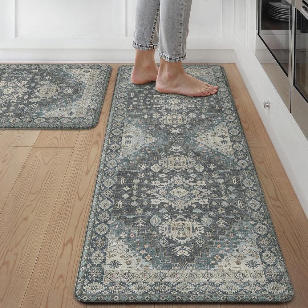 imageGENIMO Kitchen Mats for Floor 2PCS Kitchen Rugs Non Slip Washable Waterproof Anti Fatigue Mat Comfort Standing Runner Rug for Sink Office Laundry Home 173quotx47quot173quotx30quot RetroBrickBlue