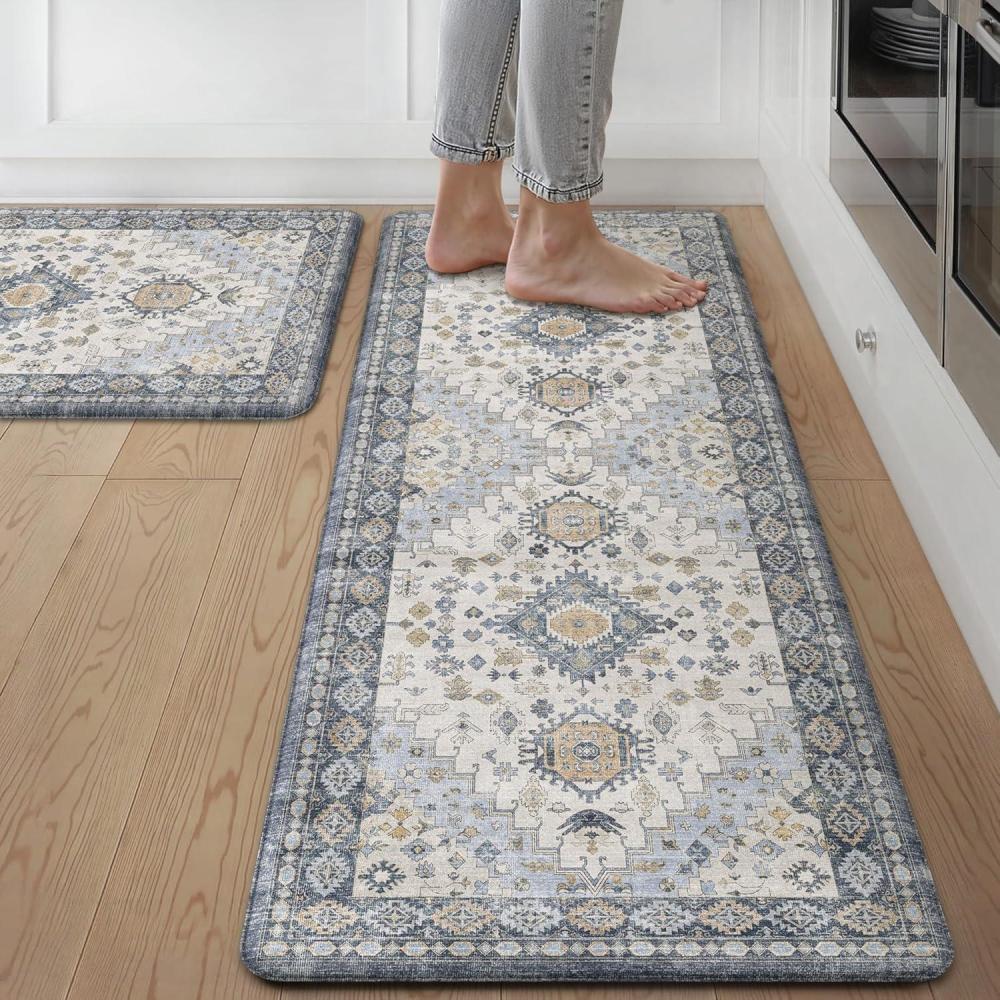 imageGENIMO Kitchen Mats for Floor 2PCS Kitchen Rugs Non Slip Washable Waterproof Anti Fatigue Mat Comfort Standing Runner Rug for Sink Office Laundry Home 173quotx47quot173quotx30quot RetroBrickLight Blue