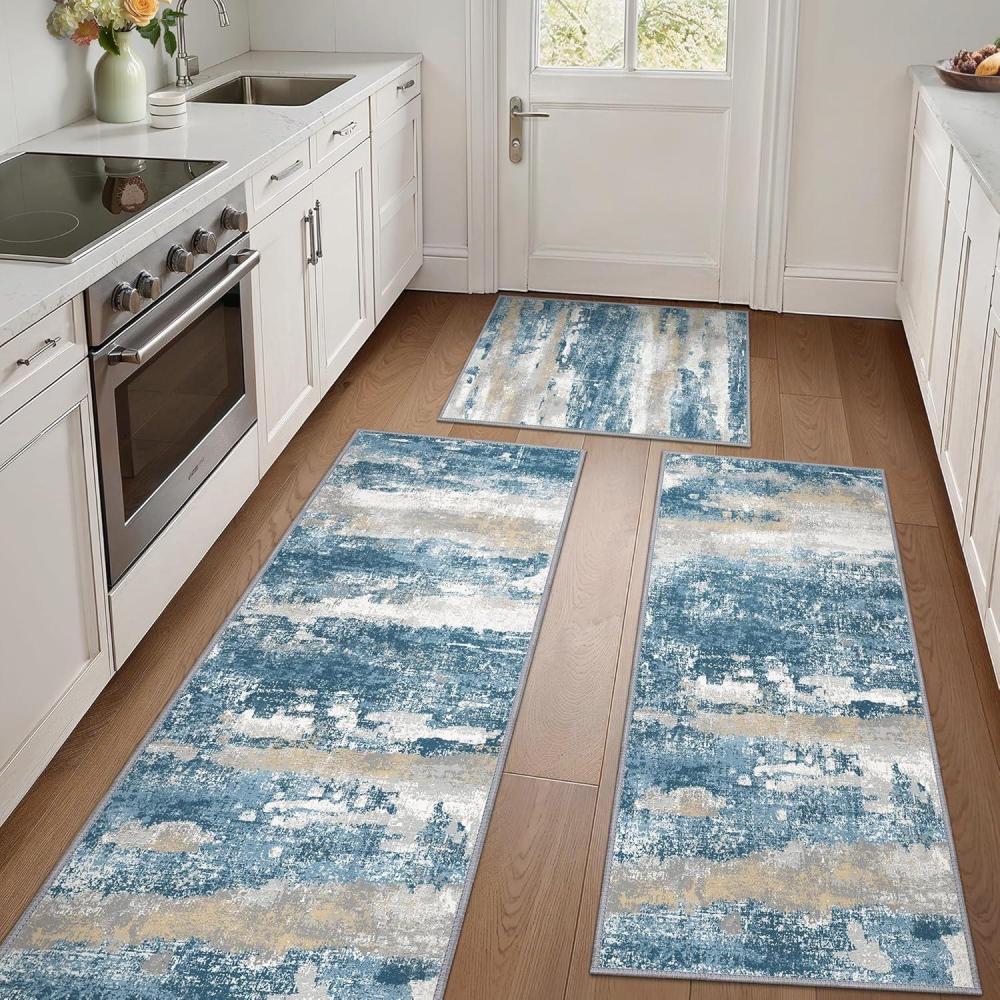 imageGENIMO Kitchen Mats for Floor Set of 3 NonSlip Washable Waterproof Lightweight Kitchen Rugs Kitchen Floor Mat Runner Rug Carpet for Laundry Sink Hallway Bathroom Entryway BrownGreenBlueGray