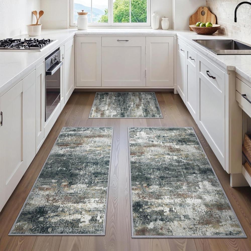 imageGENIMO Kitchen Mats for Floor Set of 3 NonSlip Washable Waterproof Lightweight Kitchen Rugs Kitchen Floor Mat Runner Rug Carpet for Laundry Sink Hallway Bathroom Entryway BrownGreenBlackBrown