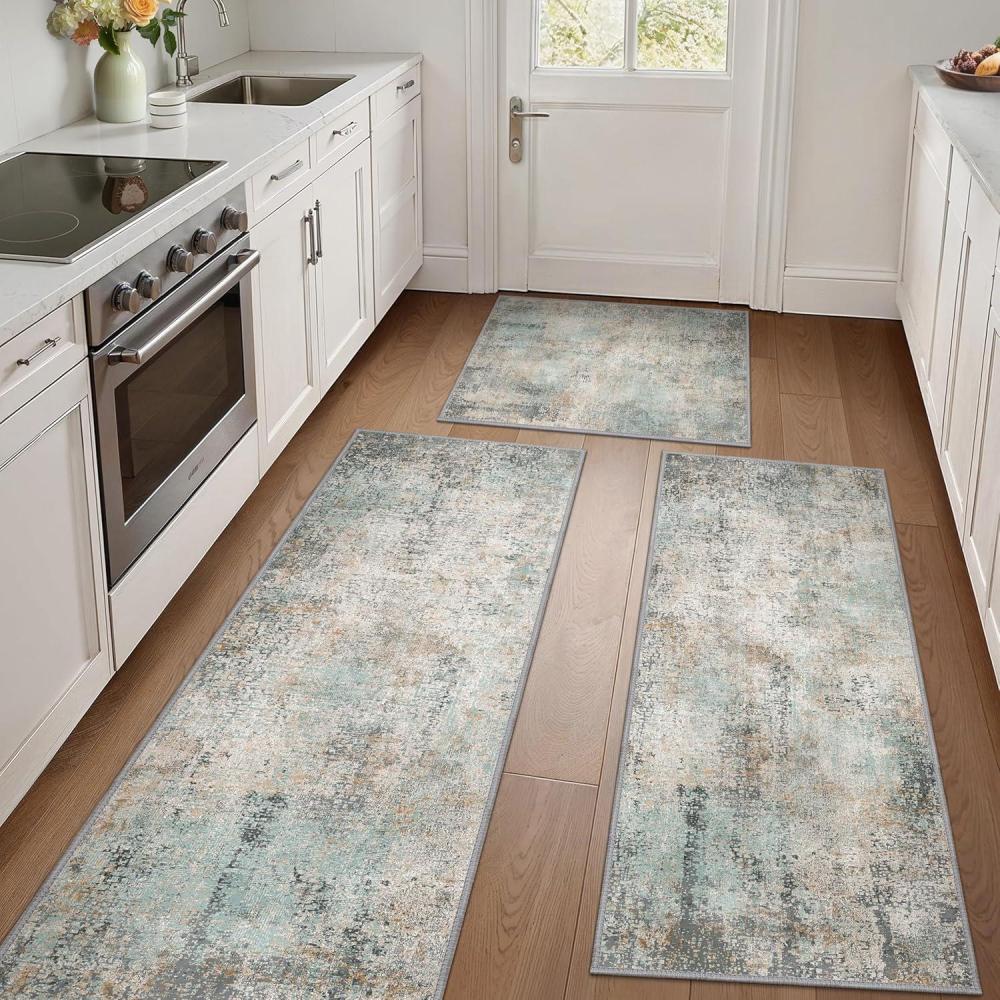 imageGENIMO Kitchen Mats for Floor Set of 3 NonSlip Washable Waterproof Lightweight Kitchen Rugs Kitchen Floor Mat Runner Rug Carpet for Laundry Sink Hallway Bathroom Entryway BrownGreenGreenBrown