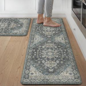 GENIMO Kitchen Mats for Floor, 2PCS Kitchen Rugs Non Slip Washable, Waterproof Anti Fatigue Mat, Comfort Standing Runner Rug for Sink, Office, Laundry, Home, 17.3″x47″+17.3″x30″, RetroBrick(Blue)