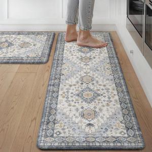 GENIMO Kitchen Mats for Floor, 2PCS Kitchen Rugs Non Slip Washable, Waterproof Anti Fatigue Mat, Comfort Standing Runner Rug for Sink, Office, Laundry, Home, 17.3″x47″+17.3″x30″, RetroBrick(Light Blue)