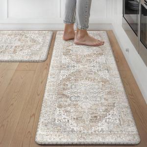 GENIMO Kitchen Mats for Floor, 2PCS Kitchen Rugs Non Slip Washable, Waterproof Anti Fatigue Mat, Comfort Standing Runner Rug for Sink, Office, Laundry, Home, 17.3″x47″+17.3″x30″, RetroBrick(Blue&brown)