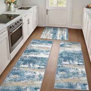 GENIMO Kitchen Mats for Floor Set of 3 Non-Slip Washable, Waterproof Lightweight Kitchen Rugs, Kitchen Floor Mat Runner Rug Carpet for Laundry, Sink, Hallway, Bathroom, Entryway, BrownGreen(Blue/Gray)