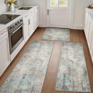 GENIMO Kitchen Mats for Floor Set of 3 Non-Slip Washable, Waterproof Lightweight Kitchen Rugs, Kitchen Floor Mat Runner Rug Carpet for Laundry, Sink, Hallway, Bathroom, Entryway, BrownGreen(Green/Brown)