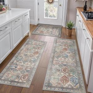 GENIMO Kitchen Mats for Floor Set of 3 Non-Slip Washable, Waterproof Lightweight Kitchen Rugs, Kitchen Floor Mat Runner Rug Carpet for Laundry, Sink, Hallway, Bathroom, Entryway, BrownGreen(Browngreen)