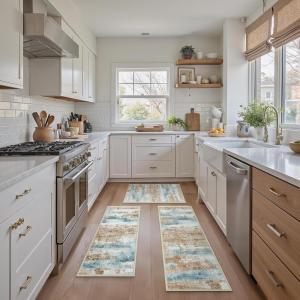 GENIMO Kitchen Mats for Floor Set of 3 Non-Slip Washable, Waterproof Lightweight Kitchen Rugs, Kitchen Floor Mat Runner Rug Carpet for Laundry, Sink, Hallway, Bathroom, Entryway, BrownGreen(Mix Green & Brown)