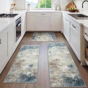 GENIMO Kitchen Mats for Floor Set of 3 Non-Slip Washable, Waterproof Lightweight Kitchen Rugs, Kitchen Floor Mat Runner Rug Carpet for Laundry, Sink, Hallway, Bathroom, Entryway, BrownGreen(Blue)