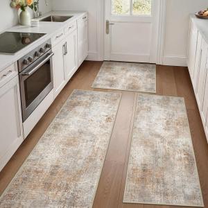 GENIMO Kitchen Mats for Floor Set of 3 Non-Slip Washable, Waterproof Lightweight Kitchen Rugs, Kitchen Floor Mat Runner Rug Carpet for Laundry, Sink, Hallway, Bathroom, Entryway, BrownGreen(Clay)