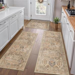 GENIMO Kitchen Mats for Floor Set of 3 Non-Slip Washable, Waterproof Lightweight Kitchen Rugs, Kitchen Floor Mat Runner Rug Carpet for Laundry, Sink, Hallway, Bathroom, Entryway, BrownGreen(Wood Brown)
