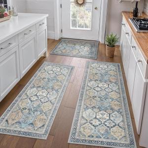 GENIMO Kitchen Mats for Floor Set of 3 Non-Slip Washable, Waterproof Lightweight Kitchen Rugs, Kitchen Floor Mat Runner Rug Carpet for Laundry, Sink, Hallway, Bathroom, Entryway, BrownGreen(Brownblue)