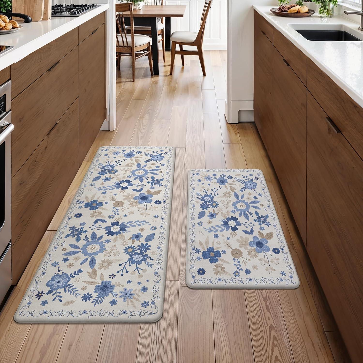 imageGENIMO Kitchen Mats for Floor 2PCS Cushioned Kitchen Rugs Non Slip Washable Farmhouse Anti Fatigue Mat Waterproof Comfort Standing Mat Rug for Office Home Laundry 173x47173x30 BlackBeige Blue