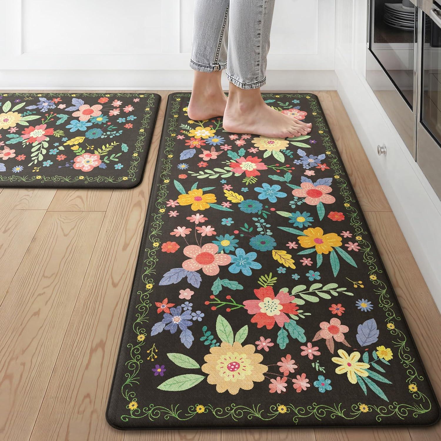 imageGENIMO Kitchen Mats for Floor 2PCS Cushioned Kitchen Rugs Non Slip Washable Farmhouse Anti Fatigue Mat Waterproof Comfort Standing Mat Rug for Office Home Laundry 173x47173x30 BlackBlack