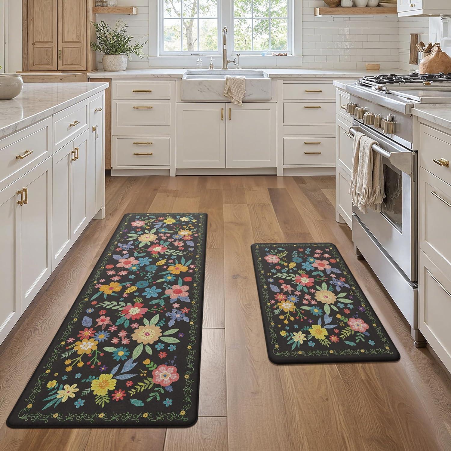 imageGENIMO Kitchen Mats for Floor 2PCS Cushioned Kitchen Rugs Non Slip Washable Farmhouse Anti Fatigue Mat Waterproof Comfort Standing Mat Rug for Office Home Laundry 173x47173x30 BlackBlack