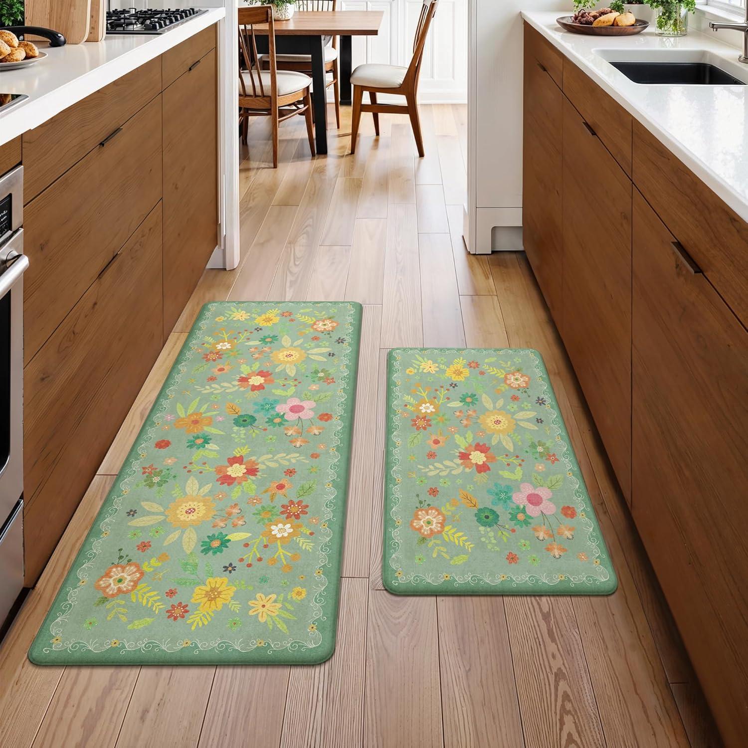 imageGENIMO Kitchen Mats for Floor 2PCS Cushioned Kitchen Rugs Non Slip Washable Farmhouse Anti Fatigue Mat Waterproof Comfort Standing Mat Rug for Office Home Laundry 173x47173x30 BlackLightgreen
