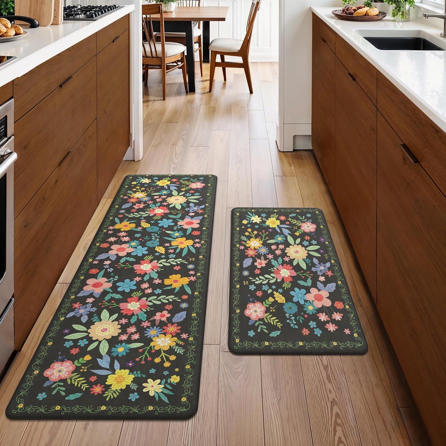 imageGENIMO Kitchen Mats for Floor 2PCS Cushioned Kitchen Rugs Non Slip Washable Farmhouse Anti Fatigue Mat Waterproof Comfort Standing Mat Rug for Office Home Laundry 173x47173x30 BlackBlack