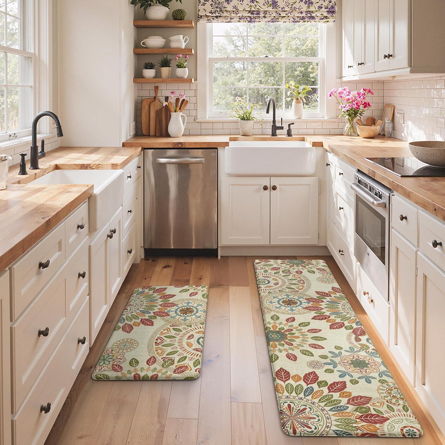 imageGENIMO Kitchen Mats for Floor 2PCS Cushioned Kitchen Rugs Non Slip Washable Farmhouse Anti Fatigue Mat Waterproof Comfort Standing Mat Rug for Office Home Laundry 173x47173x30 BlackBeigered