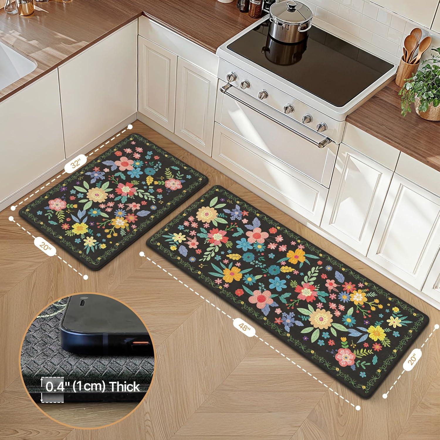 imageGENIMO Kitchen Mats for Floor 2PCS Cushioned Kitchen Rugs Non Slip Washable Farmhouse Anti Fatigue Mat Waterproof Comfort Standing Mat Rug for Office Home Laundry 173x47173x30 BlackBlack