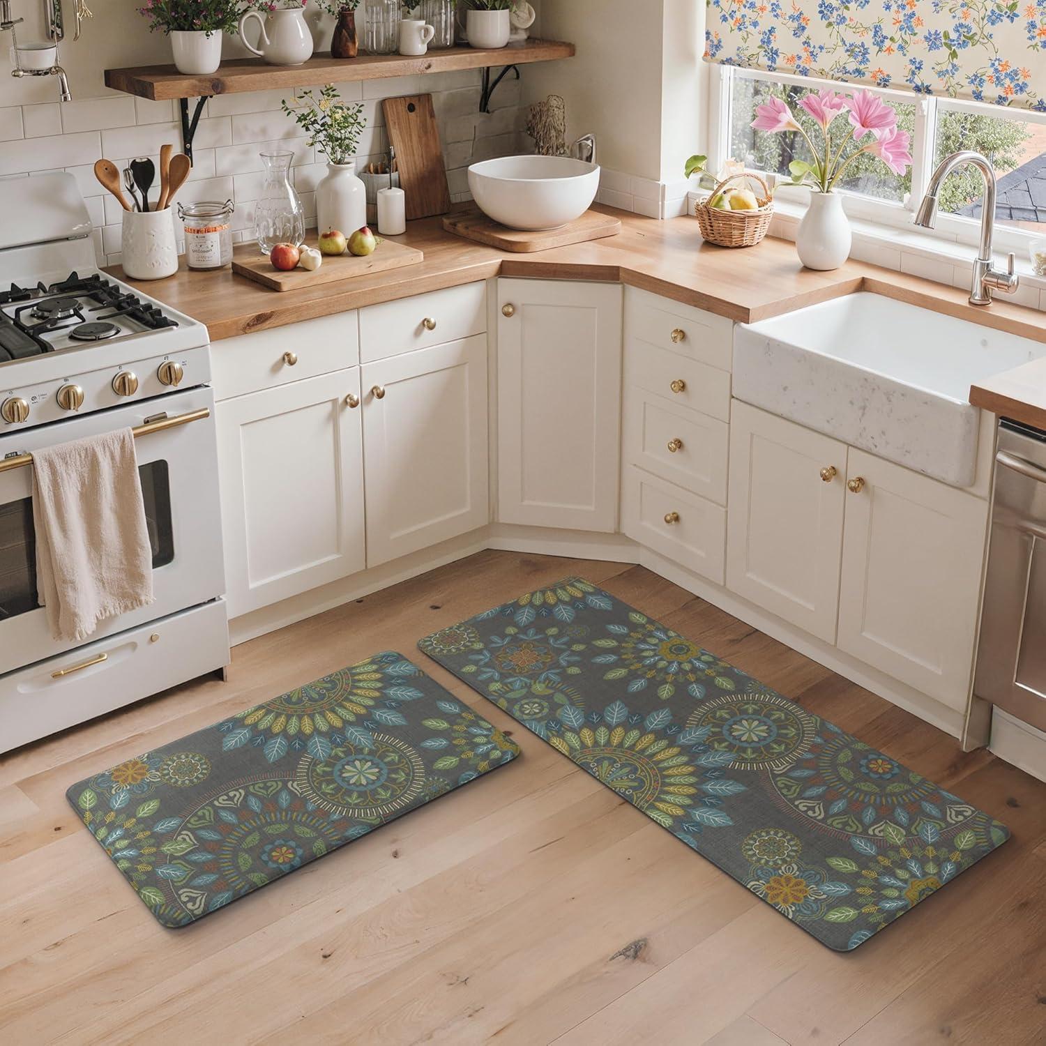 imageGENIMO Kitchen Mats for Floor 2PCS Cushioned Kitchen Rugs Non Slip Washable Farmhouse Anti Fatigue Mat Waterproof Comfort Standing Mat Rug for Office Home Laundry 173x47173x30 BlackGreen