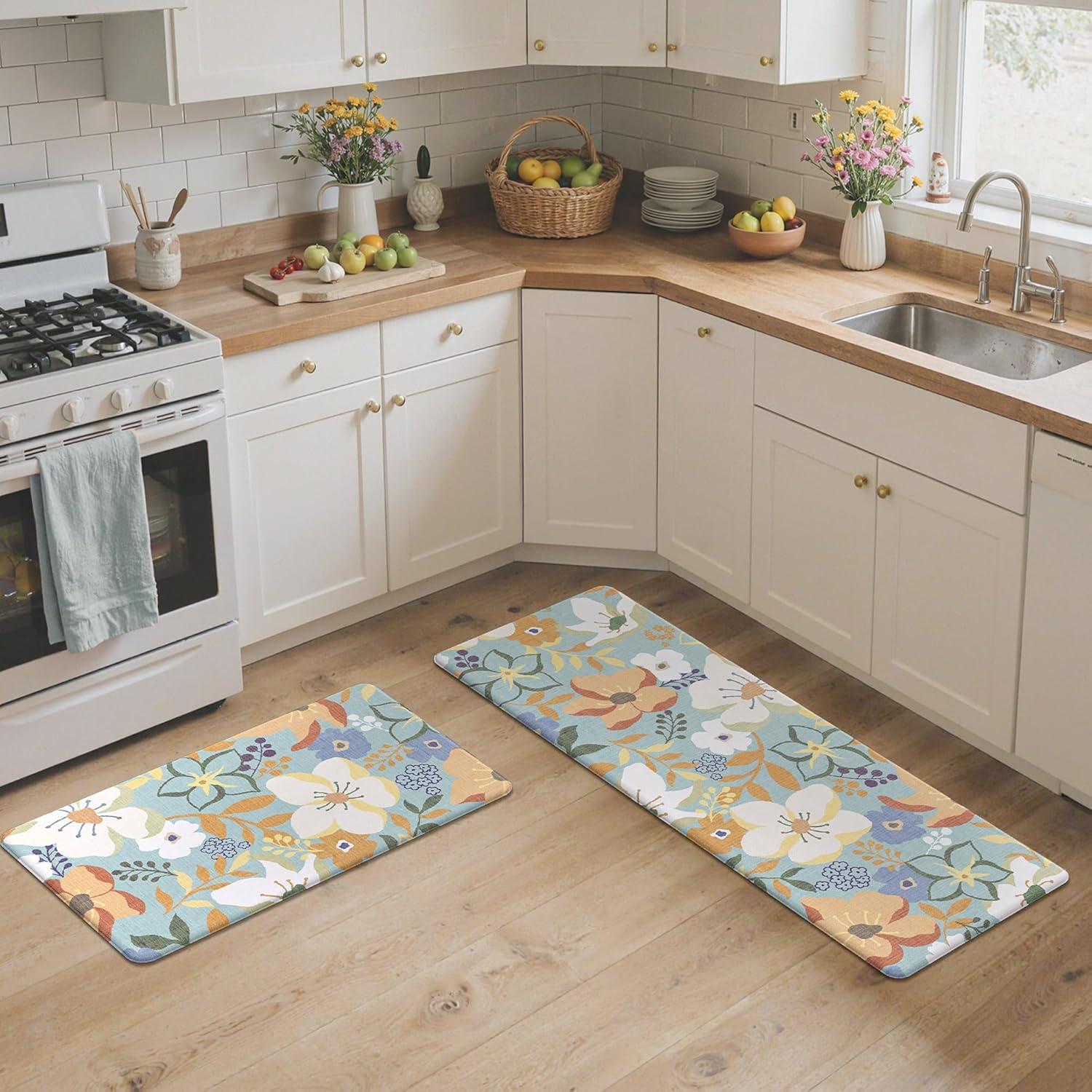 imageGENIMO Kitchen Mats for Floor 2PCS Cushioned Kitchen Rugs Non Slip Washable Farmhouse Anti Fatigue Mat Waterproof Comfort Standing Mat Rug for Office Home Laundry 173x47173x30 BlackAqua
