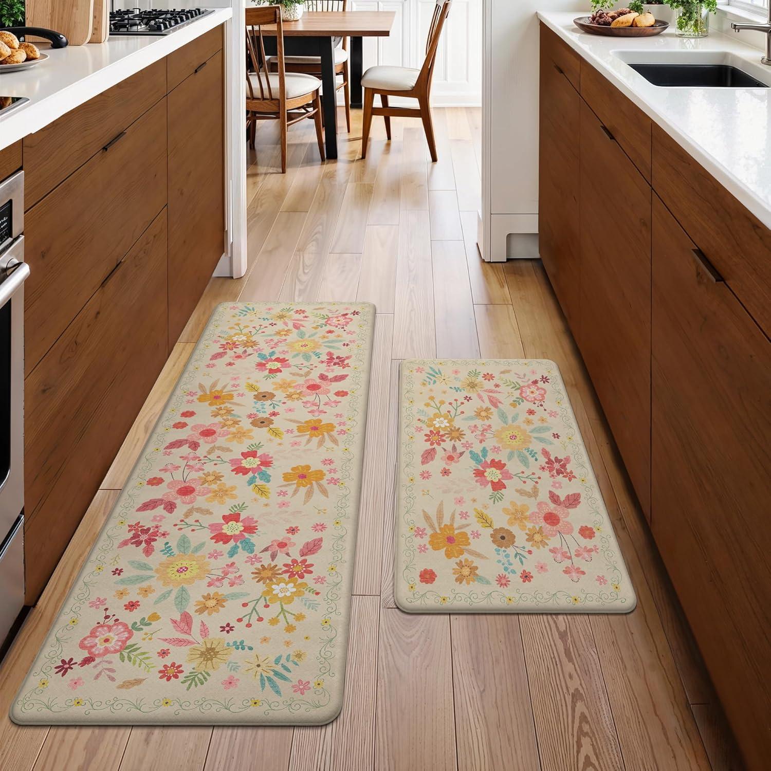 imageGENIMO Kitchen Mats for Floor 2PCS Cushioned Kitchen Rugs Non Slip Washable Farmhouse Anti Fatigue Mat Waterproof Comfort Standing Mat Rug for Office Home Laundry 173x47173x30 BlackBeige