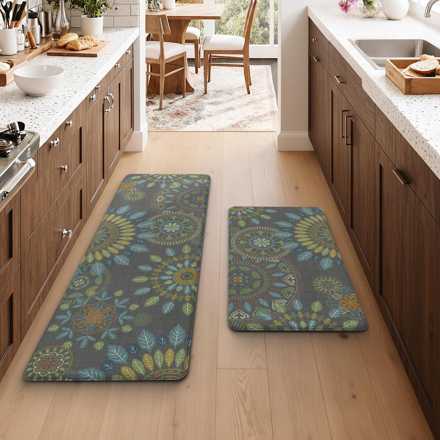 imageGENIMO Kitchen Mats for Floor 2PCS Cushioned Kitchen Rugs Non Slip Washable Farmhouse Anti Fatigue Mat Waterproof Comfort Standing Mat Rug for Office Home Laundry 173x47173x30 BlackGreen