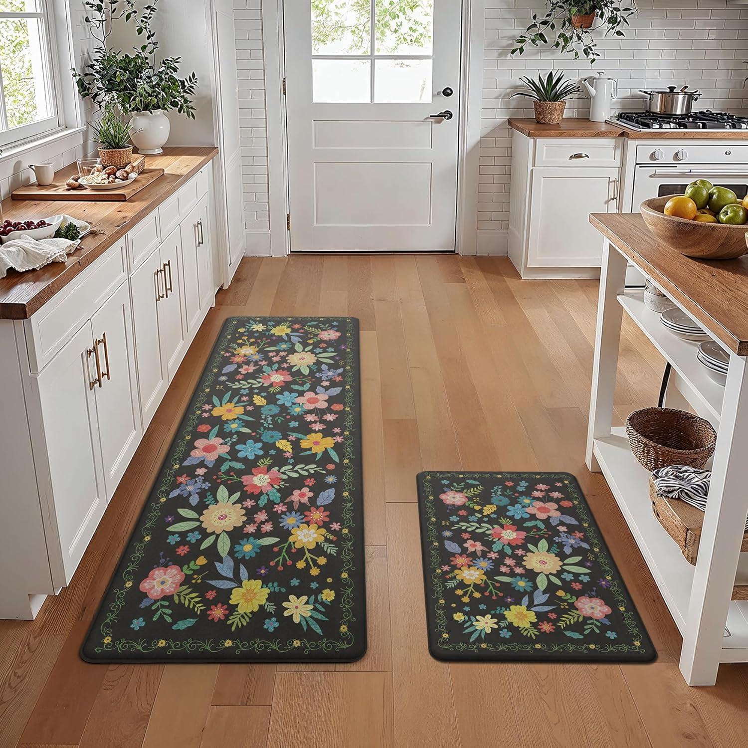 imageGENIMO Kitchen Mats for Floor 2PCS Cushioned Kitchen Rugs Non Slip Washable Farmhouse Anti Fatigue Mat Waterproof Comfort Standing Mat Rug for Office Home Laundry 173x47173x30 BlackBlack