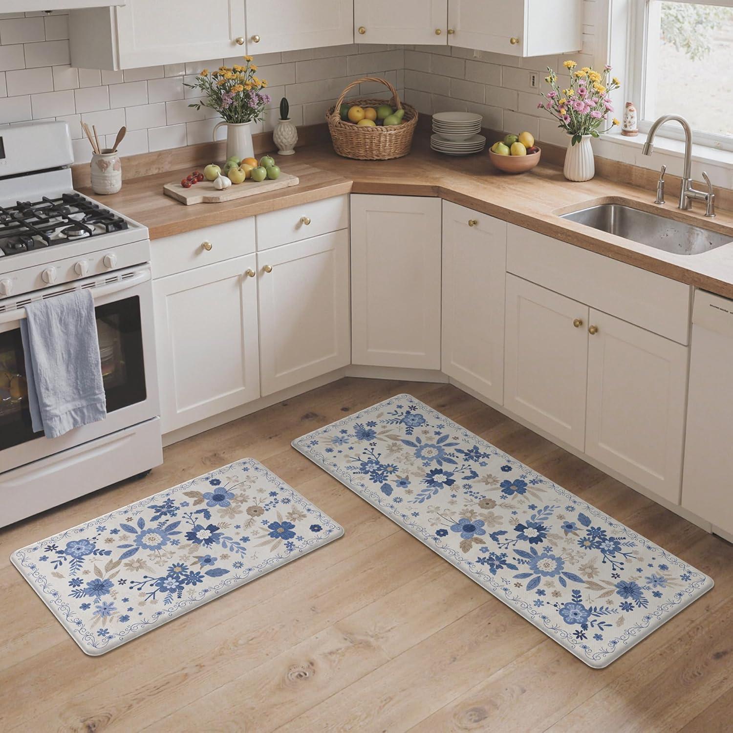 imageGENIMO Kitchen Mats for Floor 2PCS Cushioned Kitchen Rugs Non Slip Washable Farmhouse Anti Fatigue Mat Waterproof Comfort Standing Mat Rug for Office Home Laundry 173x47173x30 BlackBeige Blue