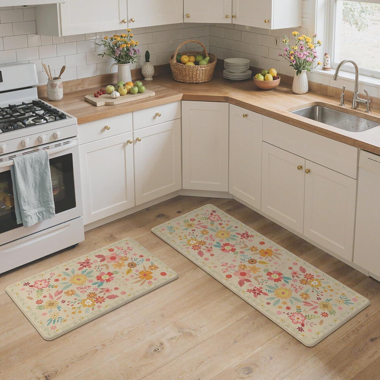 imageGENIMO Kitchen Mats for Floor 2PCS Cushioned Kitchen Rugs Non Slip Washable Farmhouse Anti Fatigue Mat Waterproof Comfort Standing Mat Rug for Office Home Laundry 173x47173x30 BlackBeige