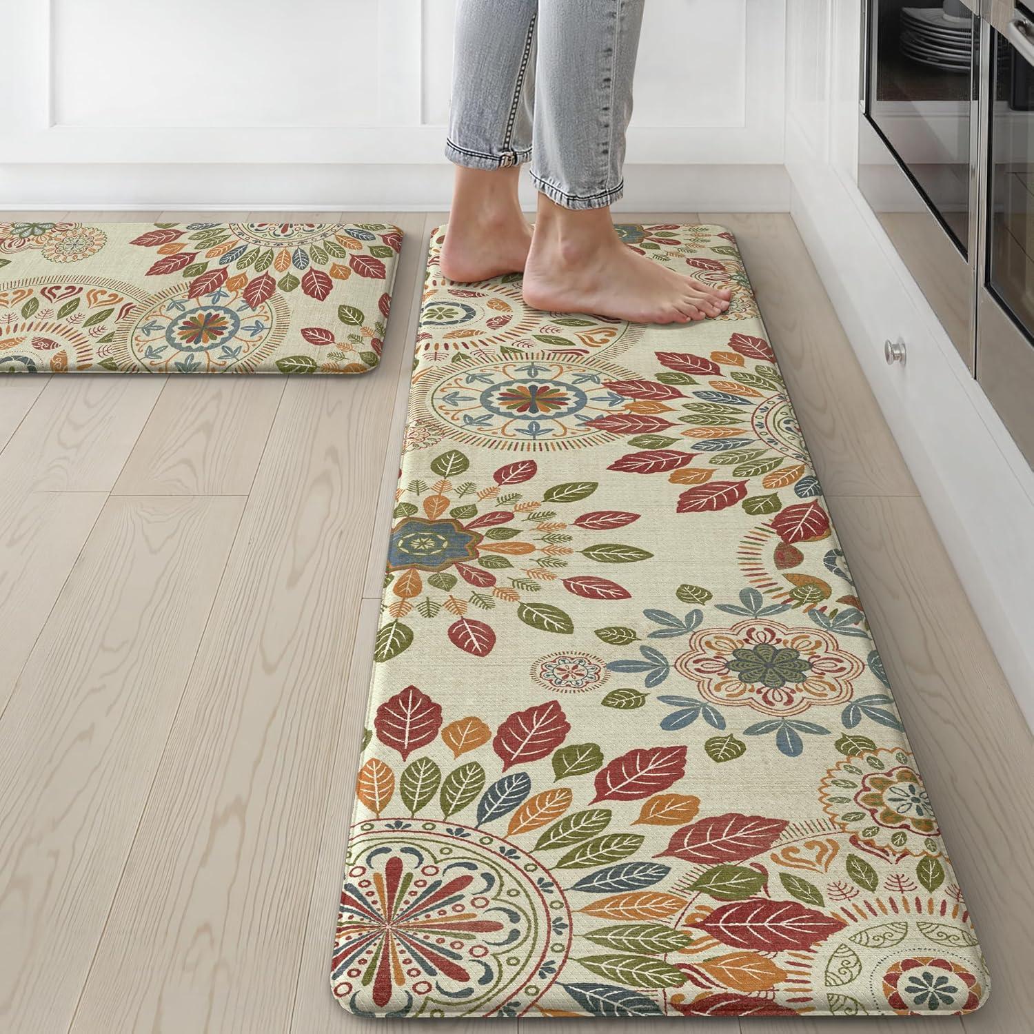 imageGENIMO Kitchen Mats for Floor 2PCS Cushioned Kitchen Rugs Non Slip Washable Farmhouse Anti Fatigue Mat Waterproof Comfort Standing Mat Rug for Office Home Laundry 173x47173x30 BlackBeigered