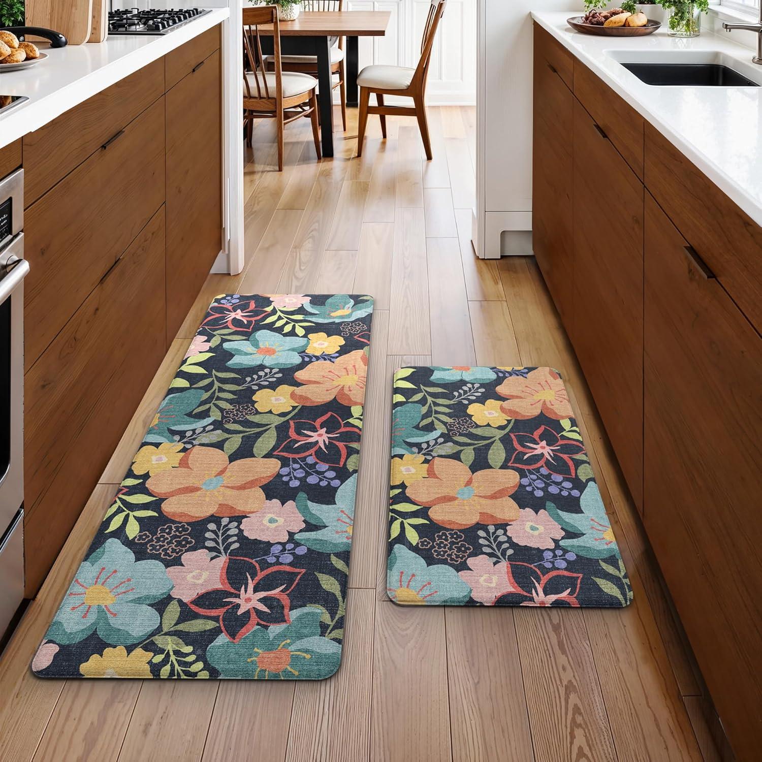 imageGENIMO Kitchen Mats for Floor 2PCS Cushioned Kitchen Rugs Non Slip Washable Farmhouse Anti Fatigue Mat Waterproof Comfort Standing Mat Rug for Office Home Laundry 173x47173x30 BlackLightblack