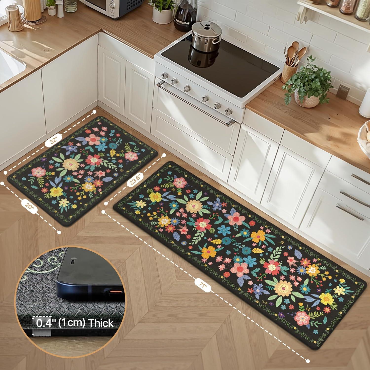 imageGENIMO Kitchen Mats for Floor 2PCS Cushioned Kitchen Rugs Non Slip Washable Farmhouse Anti Fatigue Mat Waterproof Comfort Standing Mat Rug for Office Home Laundry 173x47173x30 BlackBlack