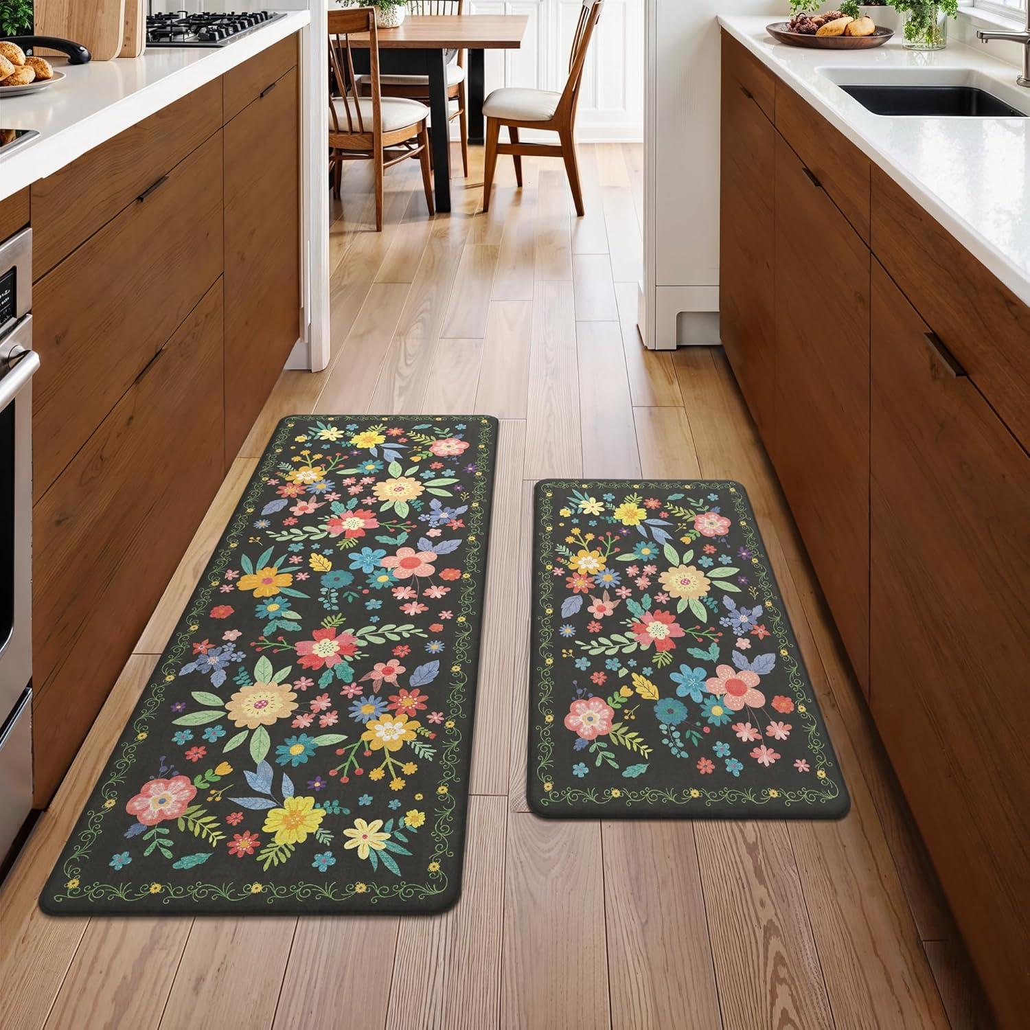 imageGENIMO Kitchen Mats for Floor 2PCS Cushioned Kitchen Rugs Non Slip Washable Farmhouse Anti Fatigue Mat Waterproof Comfort Standing Mat Rug for Office Home Laundry 173x47173x30 BlackBlack