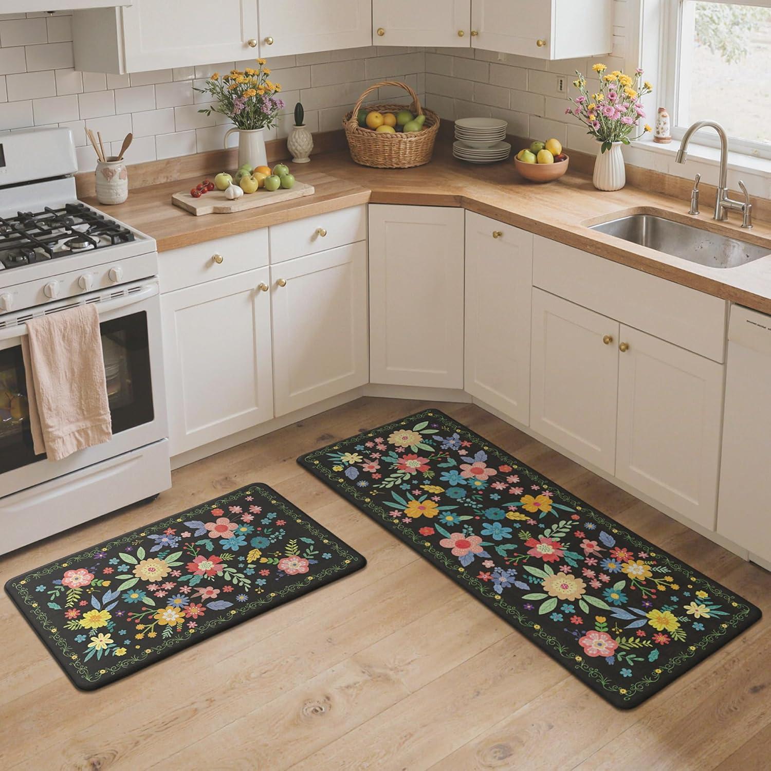 imageGENIMO Kitchen Mats for Floor 2PCS Cushioned Kitchen Rugs Non Slip Washable Farmhouse Anti Fatigue Mat Waterproof Comfort Standing Mat Rug for Office Home Laundry 173x47173x30 BlackBlack