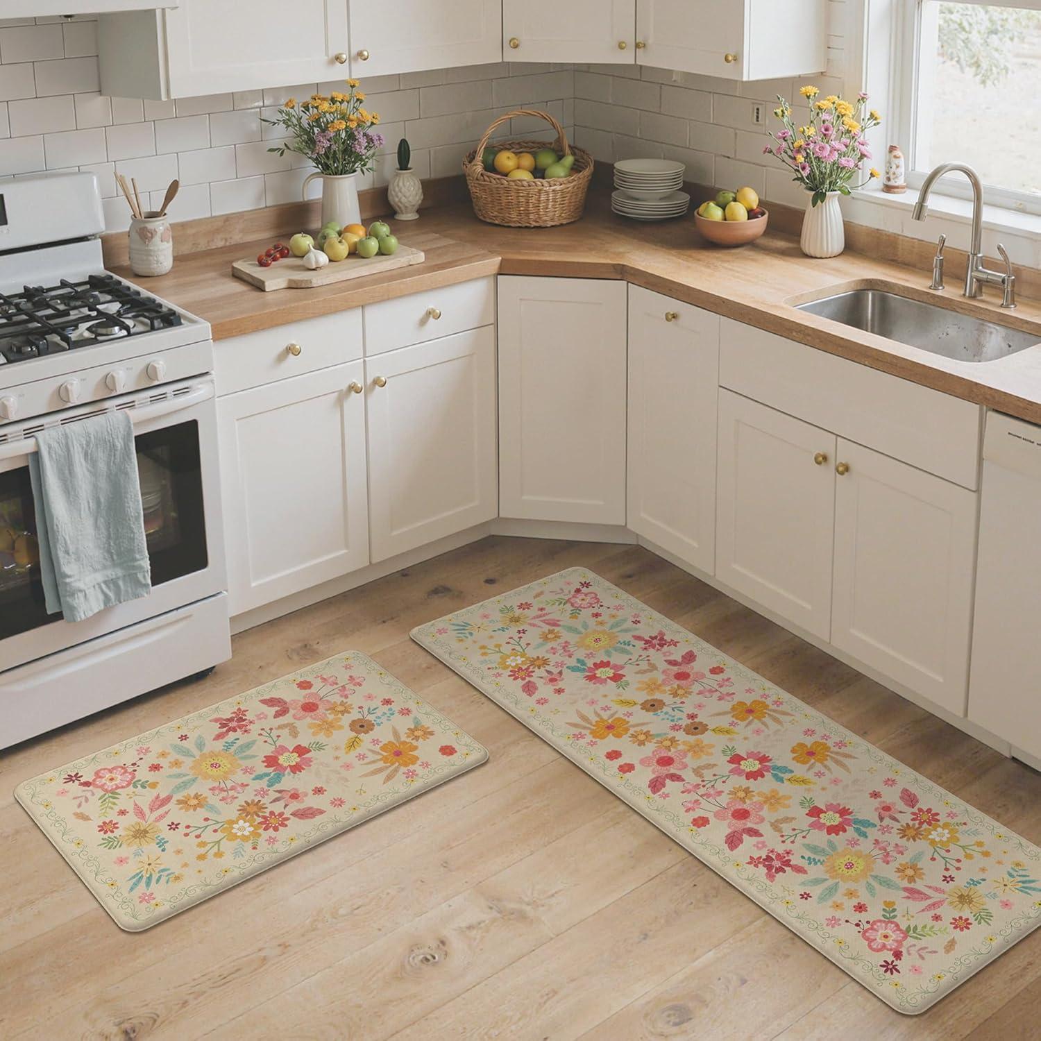 imageGENIMO Kitchen Mats for Floor 2PCS Cushioned Kitchen Rugs Non Slip Washable Farmhouse Anti Fatigue Mat Waterproof Comfort Standing Mat Rug for Office Home Laundry 173x47173x30 BlackBeige