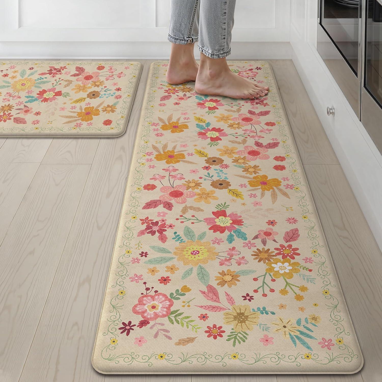 imageGENIMO Kitchen Mats for Floor 2PCS Cushioned Kitchen Rugs Non Slip Washable Farmhouse Anti Fatigue Mat Waterproof Comfort Standing Mat Rug for Office Home Laundry 173x47173x30 BlackBeige