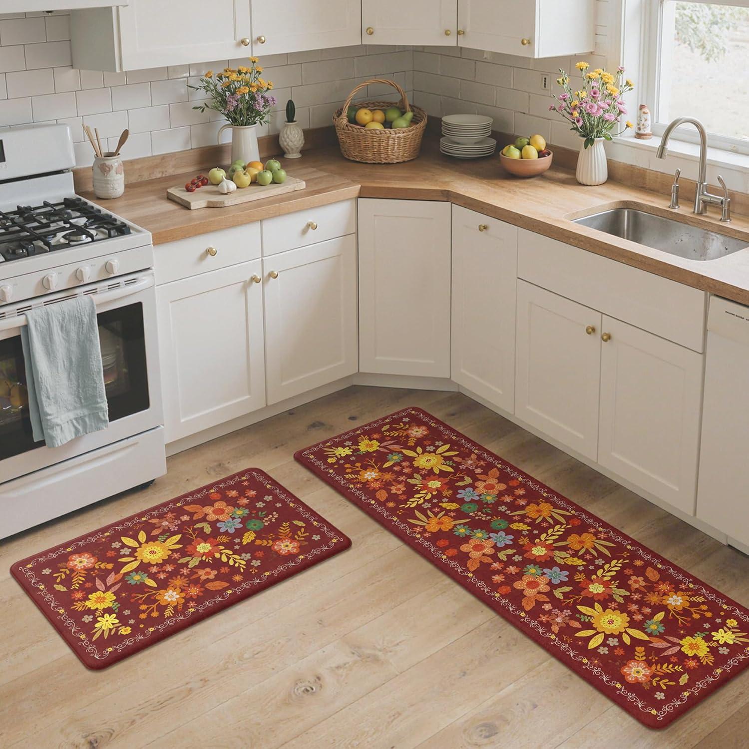imageGENIMO Kitchen Mats for Floor 2PCS Cushioned Kitchen Rugs Non Slip Washable Farmhouse Anti Fatigue Mat Waterproof Comfort Standing Mat Rug for Office Home Laundry 173x47173x30 BlackRed