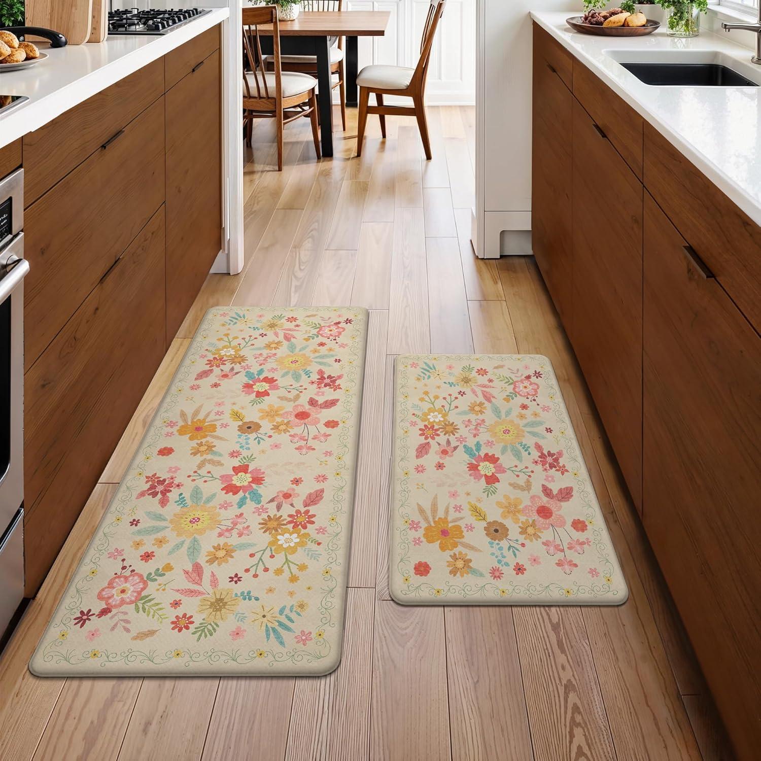 imageGENIMO Kitchen Mats for Floor 2PCS Cushioned Kitchen Rugs Non Slip Washable Farmhouse Anti Fatigue Mat Waterproof Comfort Standing Mat Rug for Office Home Laundry 173x47173x30 BlackBeige