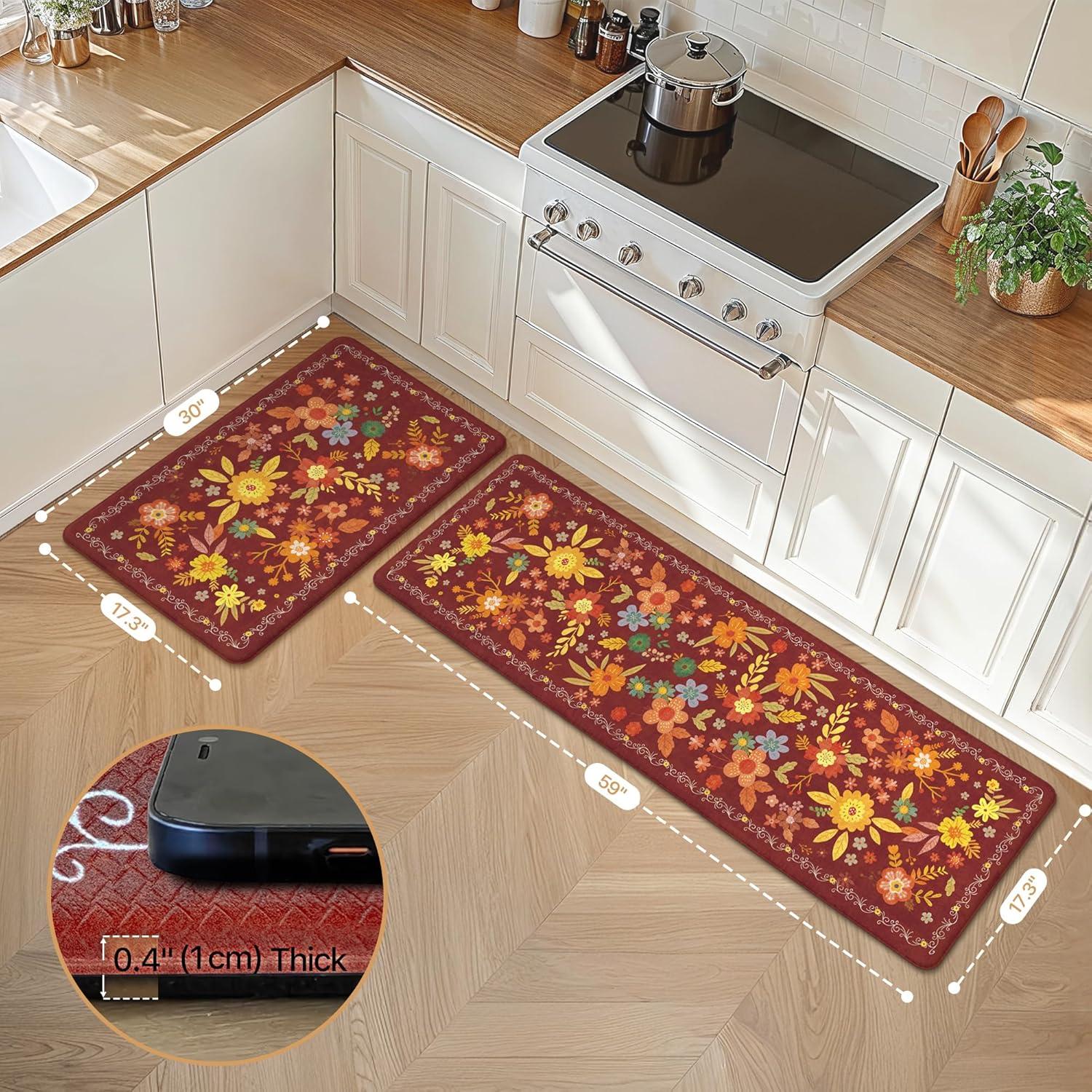 imageGENIMO Kitchen Mats for Floor 2PCS Cushioned Kitchen Rugs Non Slip Washable Farmhouse Anti Fatigue Mat Waterproof Comfort Standing Mat Rug for Office Home Laundry 173x47173x30 BlackRed