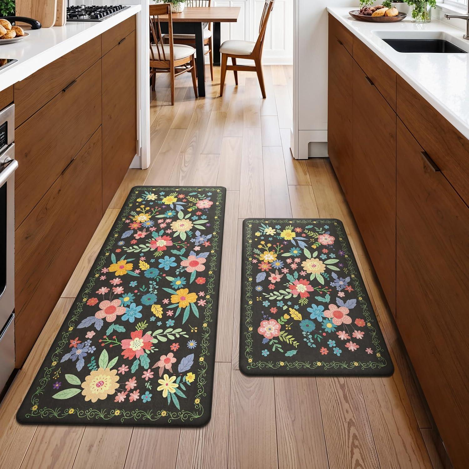 imageGENIMO Kitchen Mats for Floor 2PCS Cushioned Kitchen Rugs Non Slip Washable Farmhouse Anti Fatigue Mat Waterproof Comfort Standing Mat Rug for Office Home Laundry 173x47173x30 BlackBlack