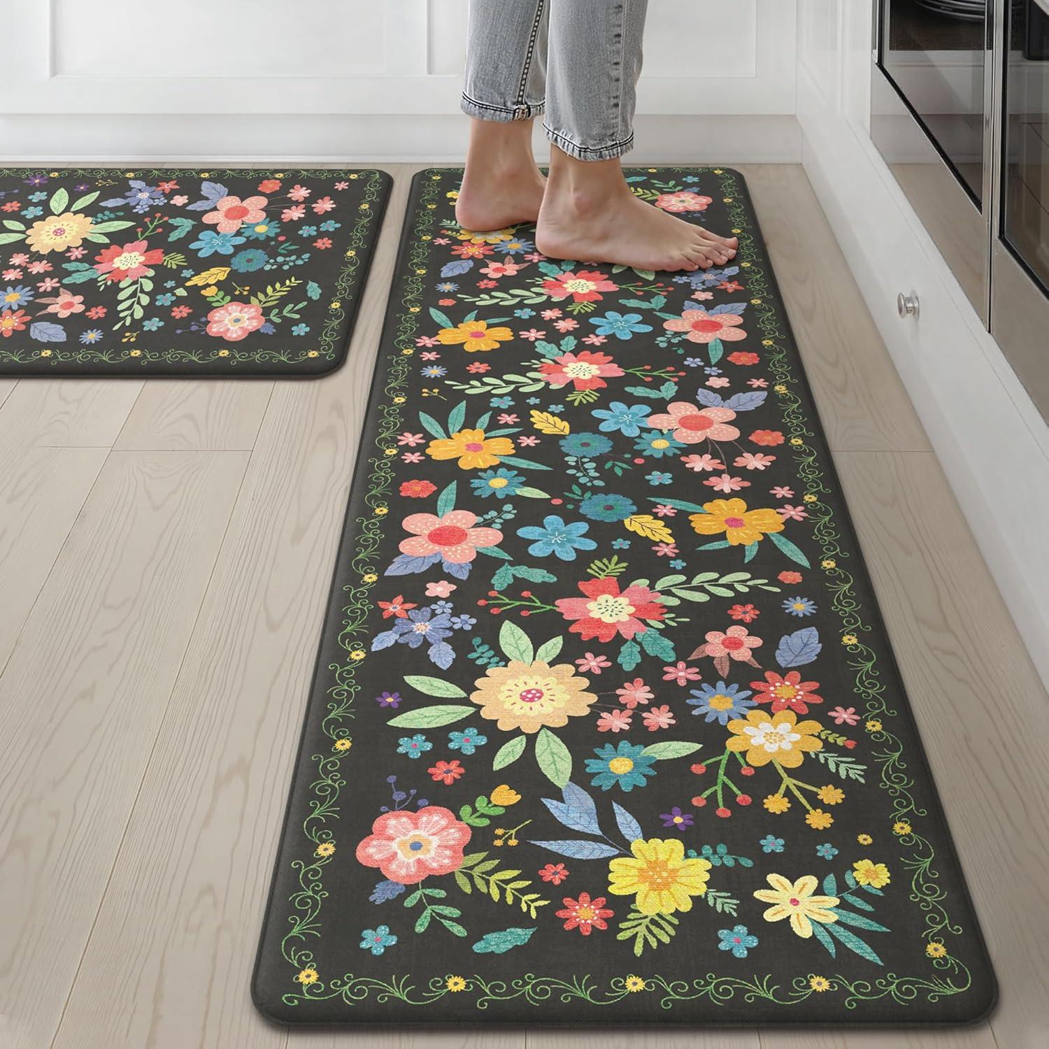 imageGENIMO Kitchen Mats for Floor 2PCS Cushioned Kitchen Rugs Non Slip Washable Farmhouse Anti Fatigue Mat Waterproof Comfort Standing Mat Rug for Office Home Laundry 173x47173x30 BlackBlack